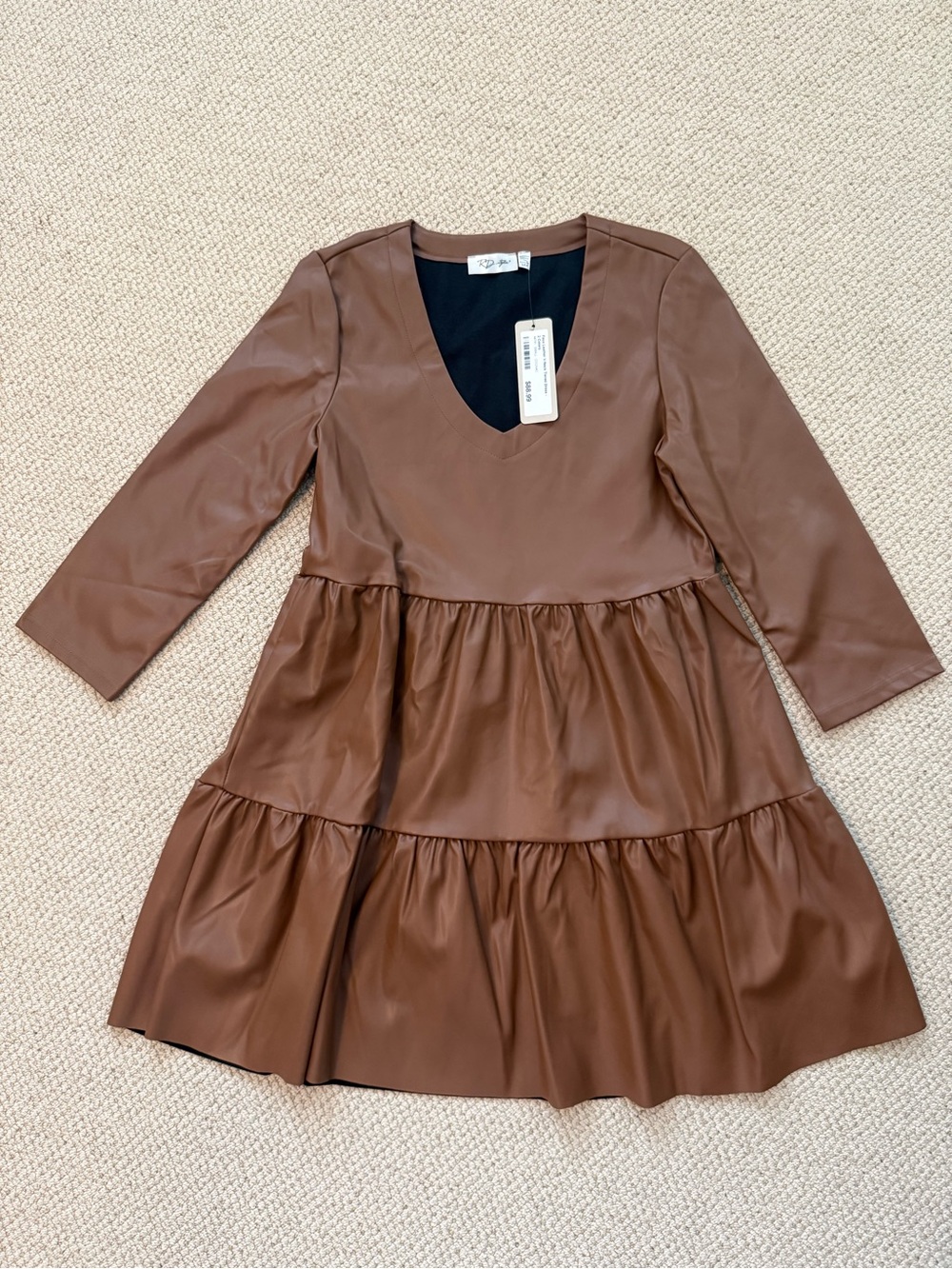 Womens Faux Leather Dress - Cognac Brown